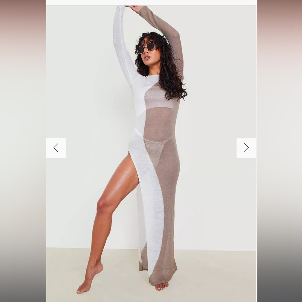 SHEER KNIT CONTRAST SLIT MAXI BEACH DRESS